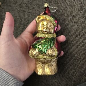GOLDEN BEAR Holding Tree Vintage 5" Glass Christmas Tree Ornament Germany
